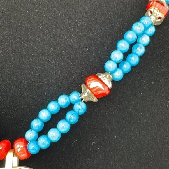 Beaded Necklace Pendant 3 Rings Blue Red Gold 10 Inches - Picture 4 of 8